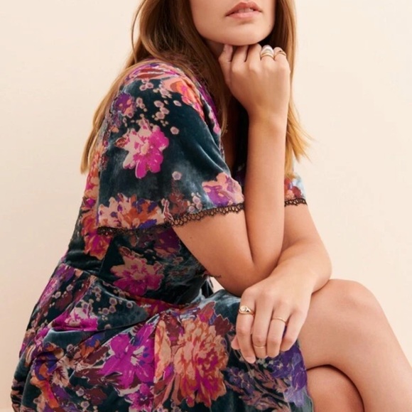 BHLDN Harlyn Multicolor Floral Velvet High Low Dress